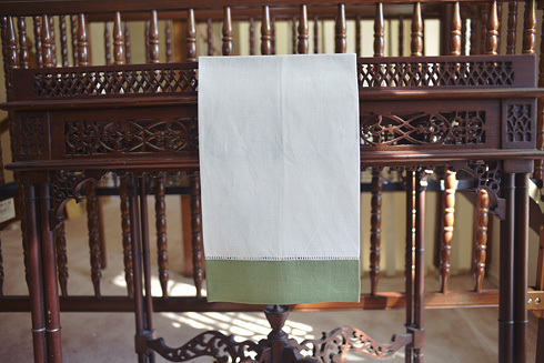 White Hemstitch Guest Towel with Tea Green border